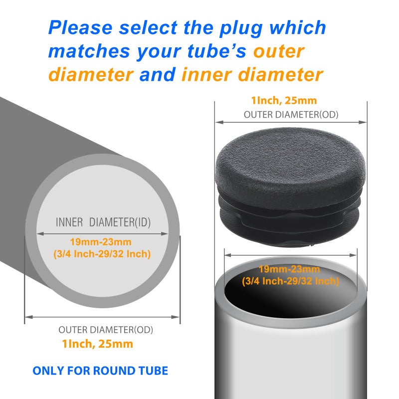 Timsec 12Pcs Round Plastic Plug, 1 Inch (25mm) End Caps for Tubing Pipe OD 1" & ID 19-23mm, Steel Furniture Foot Table Chair Leg End Insert Plug Cap Covers Protector, Bar Stool Glides, Fence Plugs - Image 2